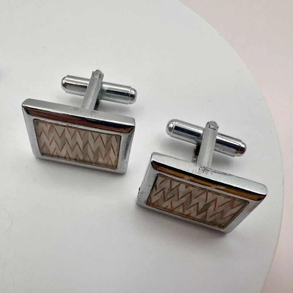 Vintage 60s Mid-Century Silver Tone Cufflink Set Geometric Glass Inlay‎ Jewelry